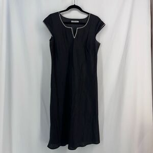 Vintage Paraphrase Black Short Cap Sleeve Linen Shift Sheath Dress Medium